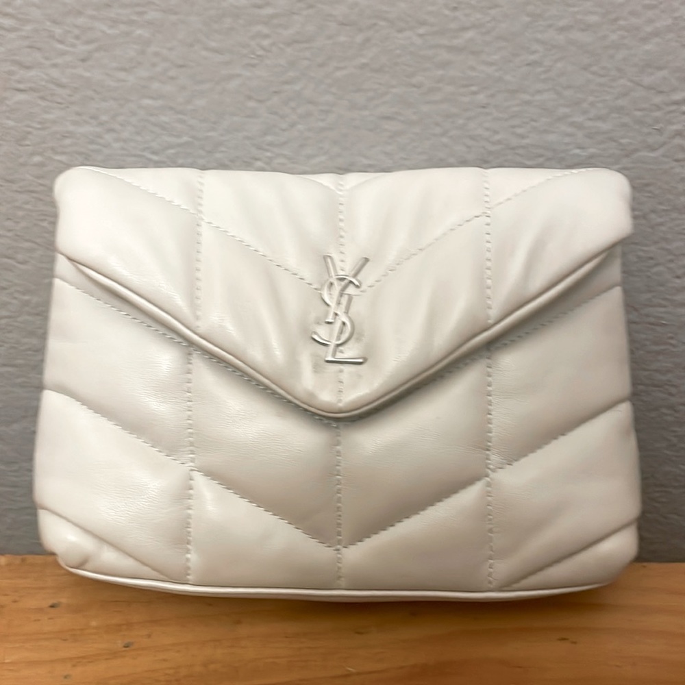 off white leather ysl clutch with silver YSL emblem